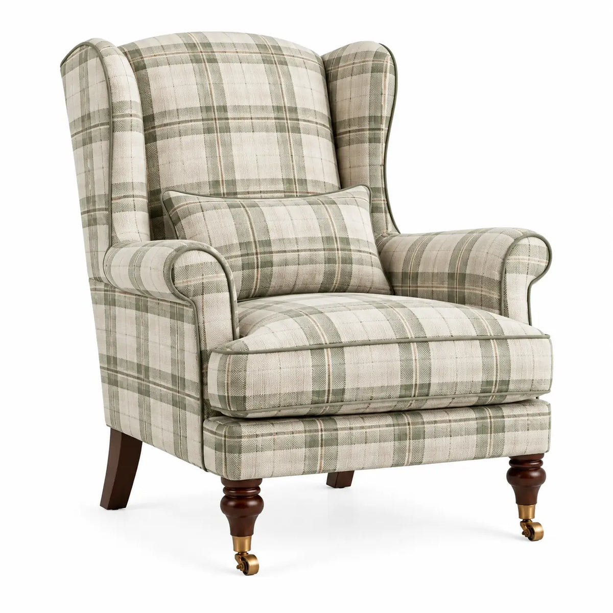 Sillón tapizado con estampado de cuadros, beige, verde y marrón