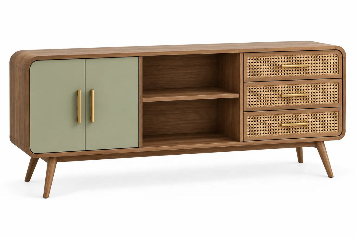 Mueble bajo para televisión con detalles de entramado y estantes, marrón y verde