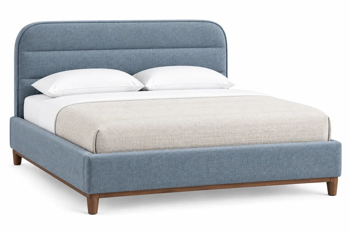 Estructura de cama con cabecero con patas elevadas, azul y marrón