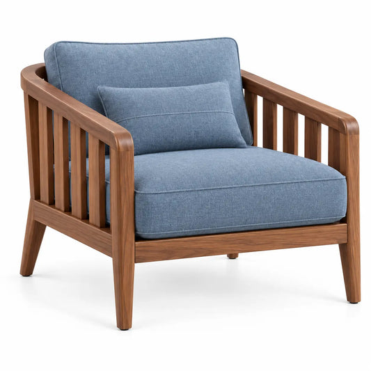 Sillón con estructura abierta con detalles de líneas verticales, azul y marrón