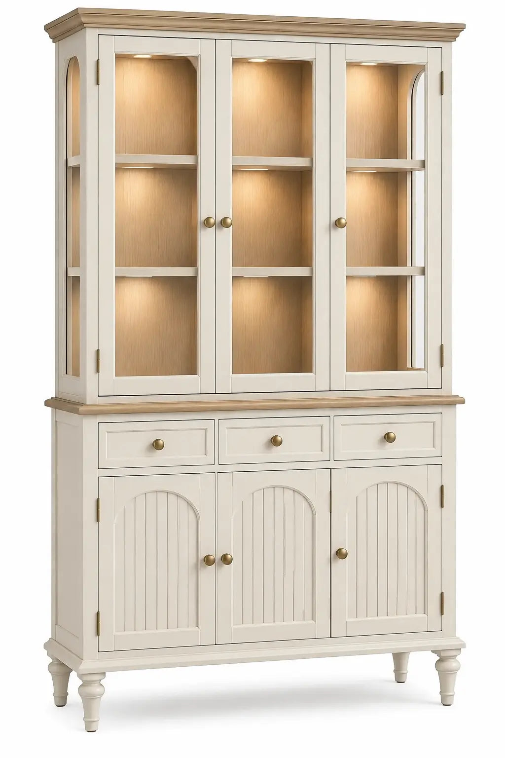 White Crestandcabin storage vitrina showcasing glass doors and multiple shelves for organized display and storage.