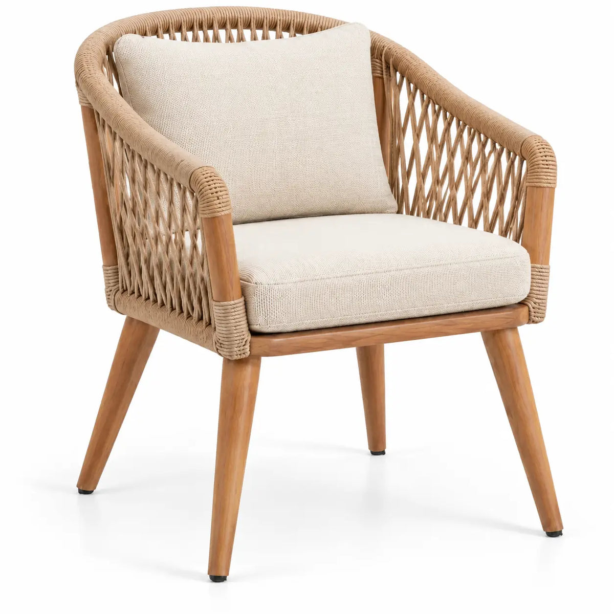 Beige and brown open-structured armchair with woven detailing, designed by Crestandcabin.