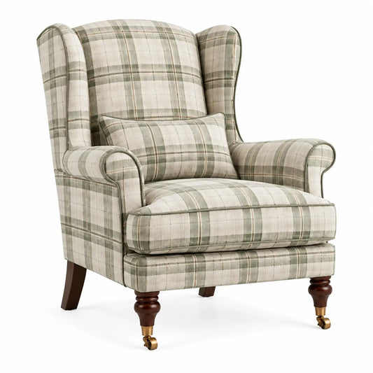 Sillón tapizado con estampado de cuadros, beige, verde y marrón