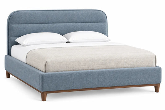 Estructura de cama con cabecero con patas elevadas, azul y marrón