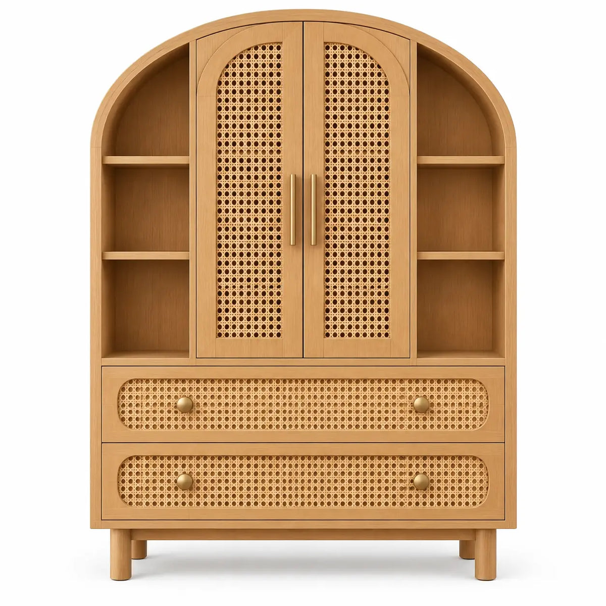 Crestandcabin storage armario with arched shapes and woven detailing in brown, showcasing its elegant design and craftsmanship.