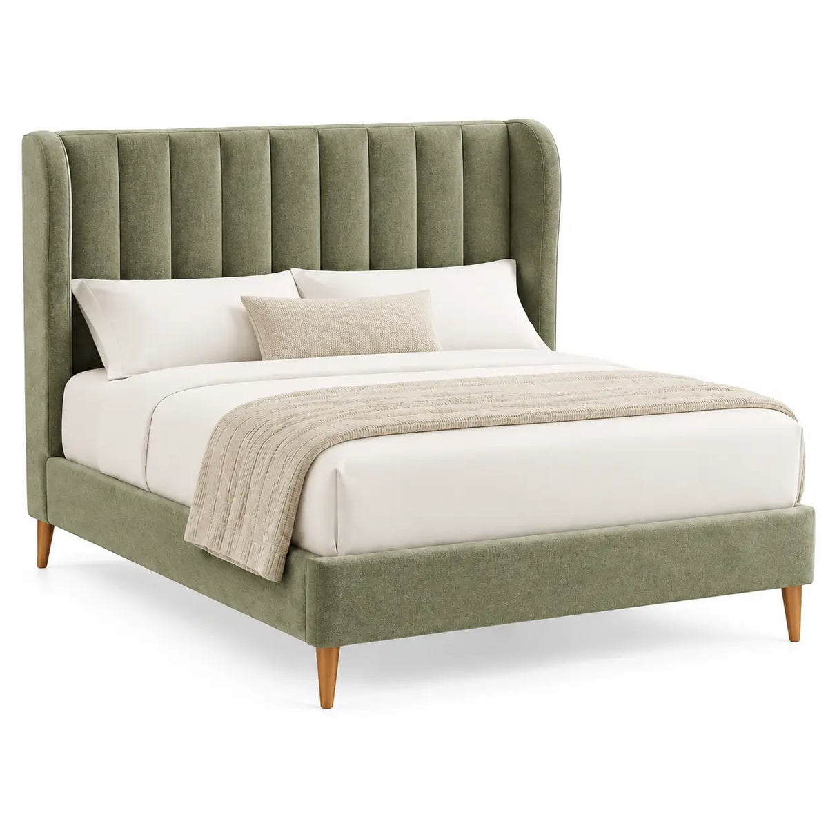 Estructura de cama con cabecero con acolchado acanalado, verde y marrón