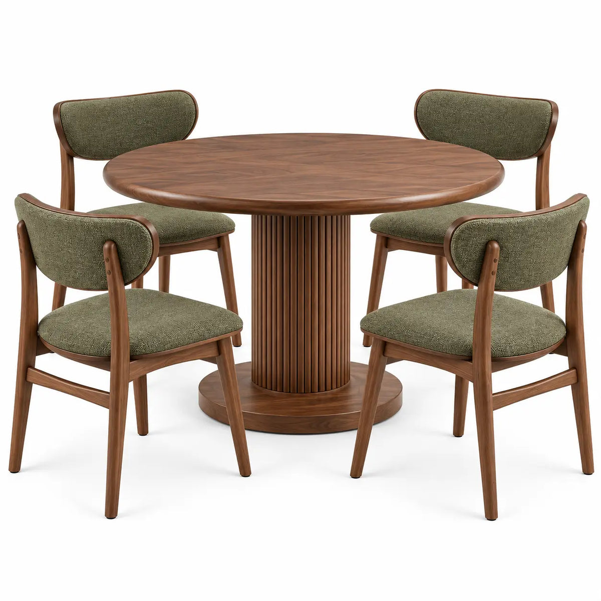 Conjunto de mesa y cuatro sillas de contorno redondeado, marrón y verde