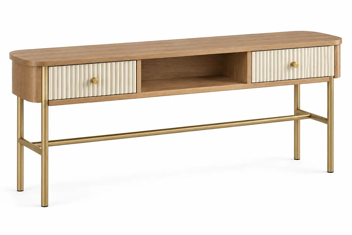 Crestandcabin console table with shelves and drawers in brown, white, and gold for entryway organization.