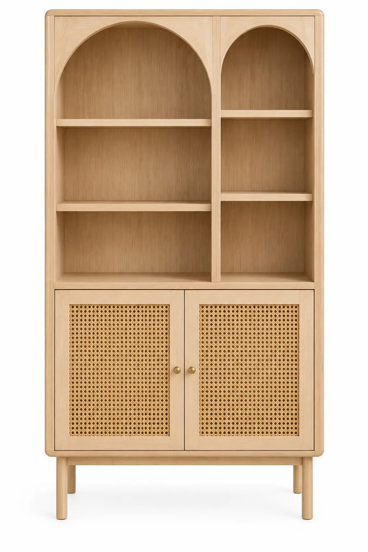 Estantería con almacenamiento con formas arqueadas y detalles de entramado, marrón