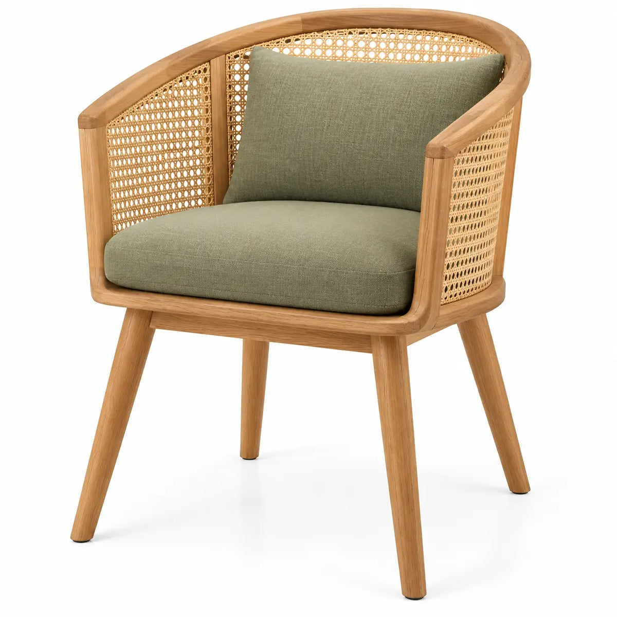 Sillón con estructura abierta con detalles de entramado, verde y marrón