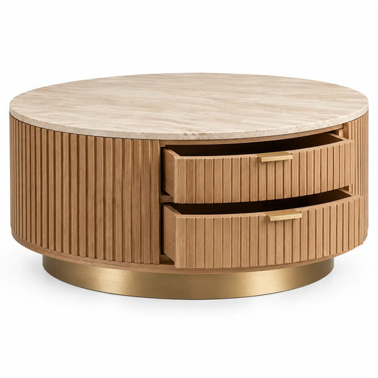 Mesa de centro de contorno redondeado, beige, marrón y dorado