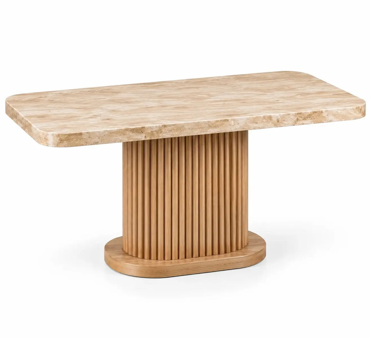 Mesa de comedor con superficie rectangular y detalles de líneas verticales, beige y marrón