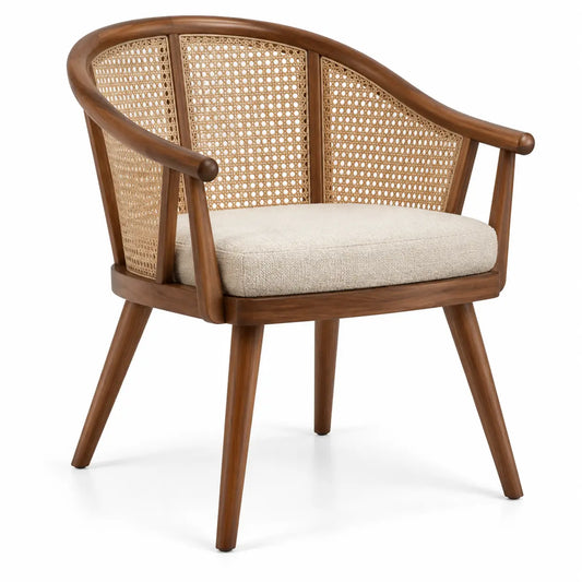 Silla con respaldo con detalles de entramado, beige y marrón