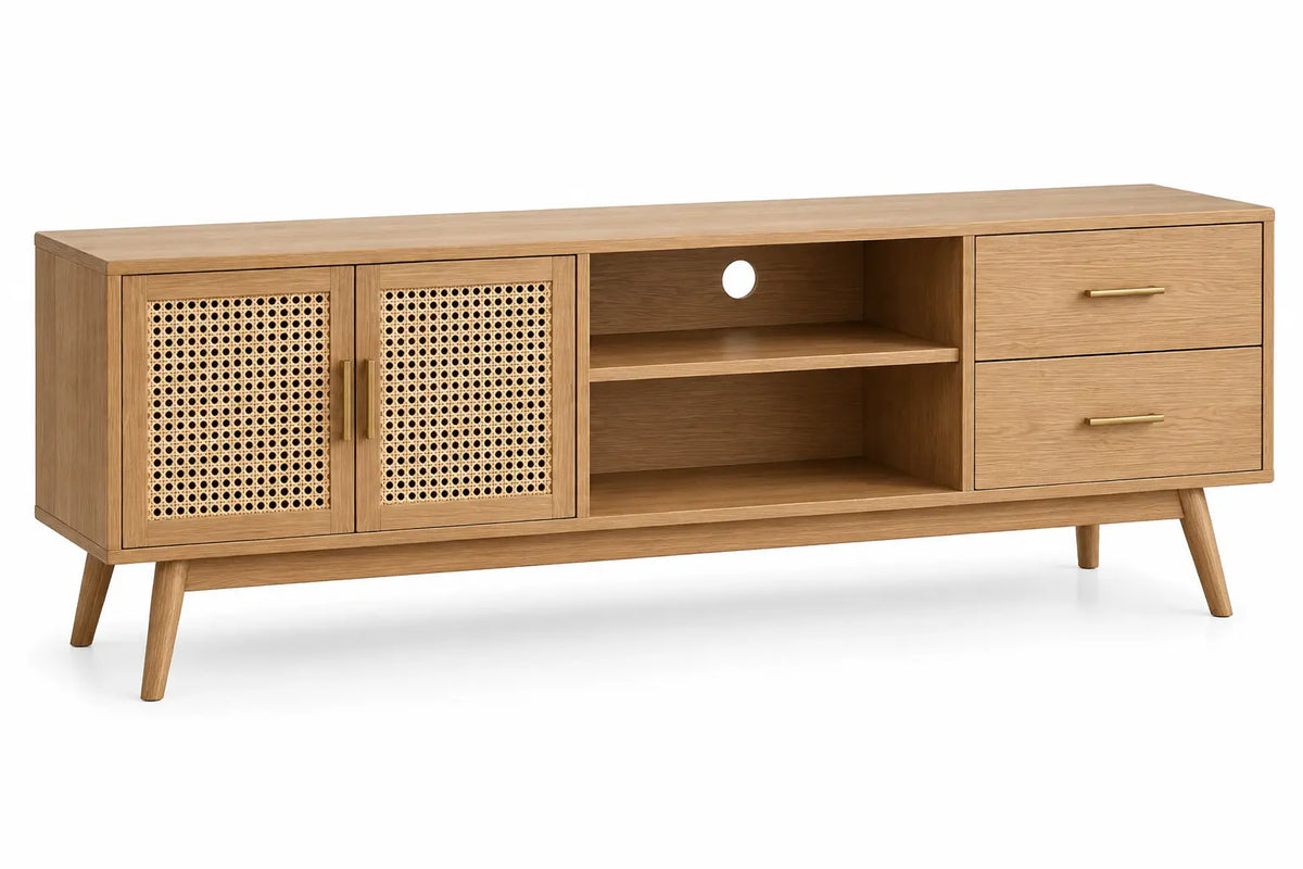 Mueble bajo para televisión con detalles de entramado y estantes, marrón